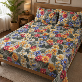 Sale Active 7D Digital Printed Double Bedsheet with 2 Pillow Covers, Floral Print & Cotton Blend